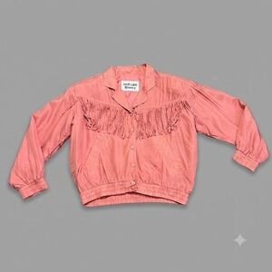 Vintage Malcolm Flowers Bomber Jacket Medium 100% Silk Fringe‎ Western Pink